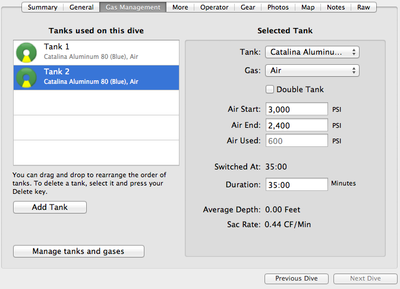Tank 2 info as entered in the Gas Management tab